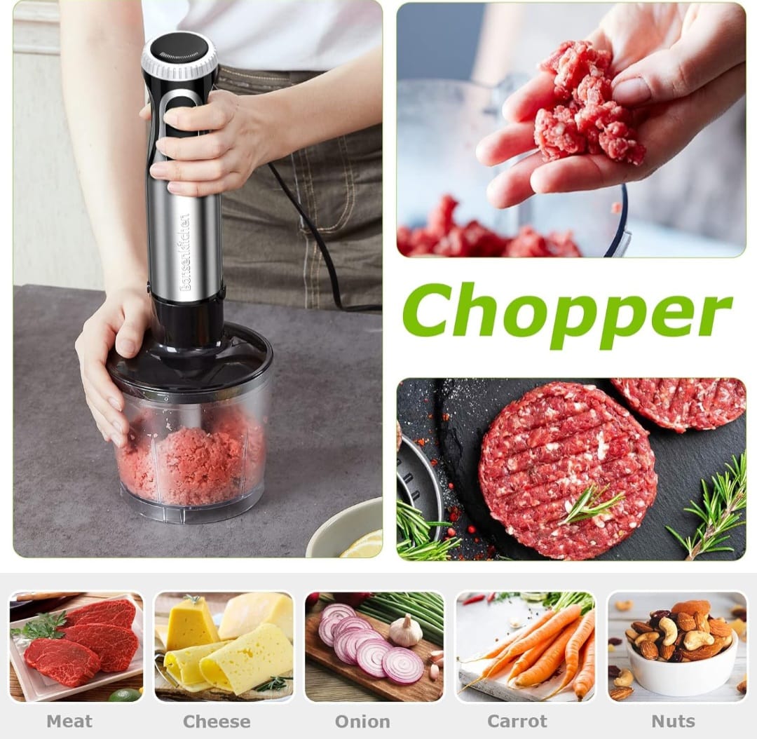 Bonsenkitchen Mixeur Plongeant, 4-en-1 Mixeur Plongeur Multifonction 1000W, 20 Vitesse Réglable, avec Fouet, Hachoir de 500ml et Verre Doseur 700 ml, Robot de Cuisine (HB3203)