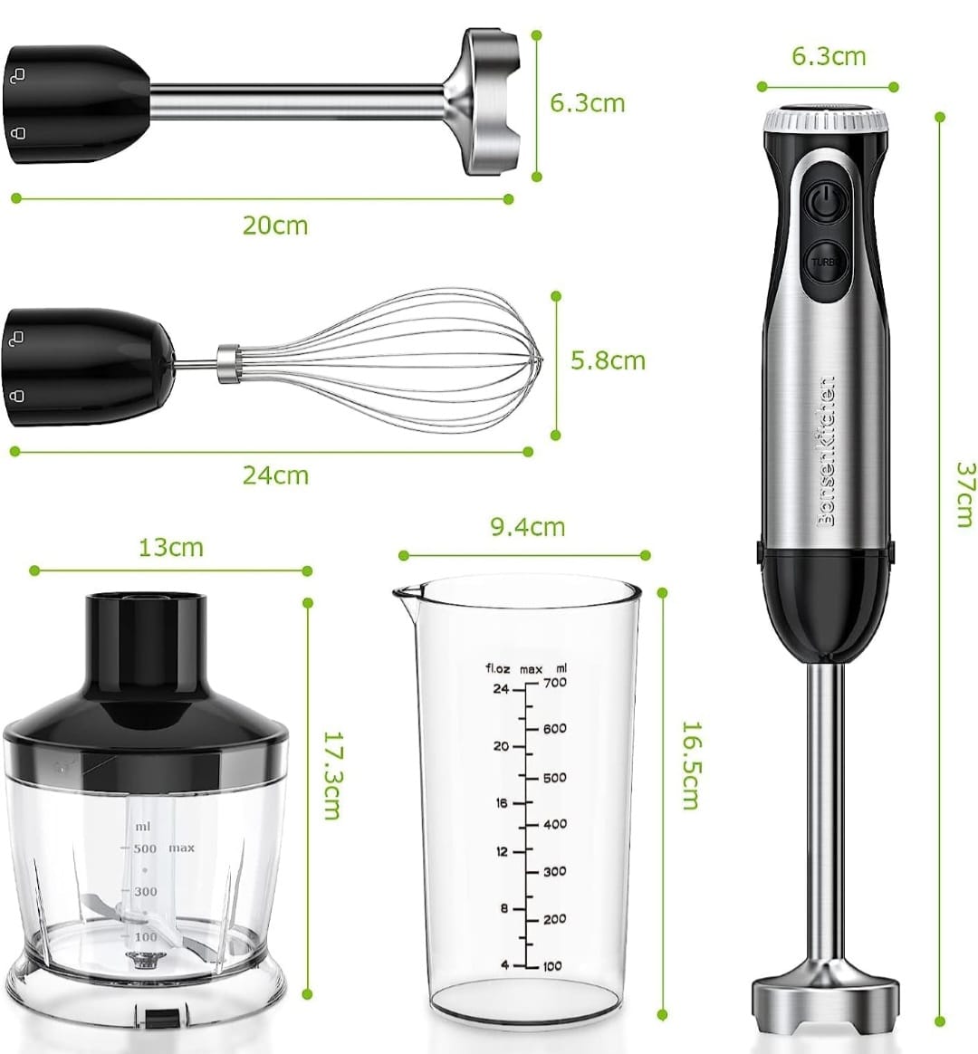 Bonsenkitchen Mixeur Plongeant, 4-en-1 Mixeur Plongeur Multifonction 1000W, 20 Vitesse Réglable, avec Fouet, Hachoir de 500ml et Verre Doseur 700 ml, Robot de Cuisine (HB3203)