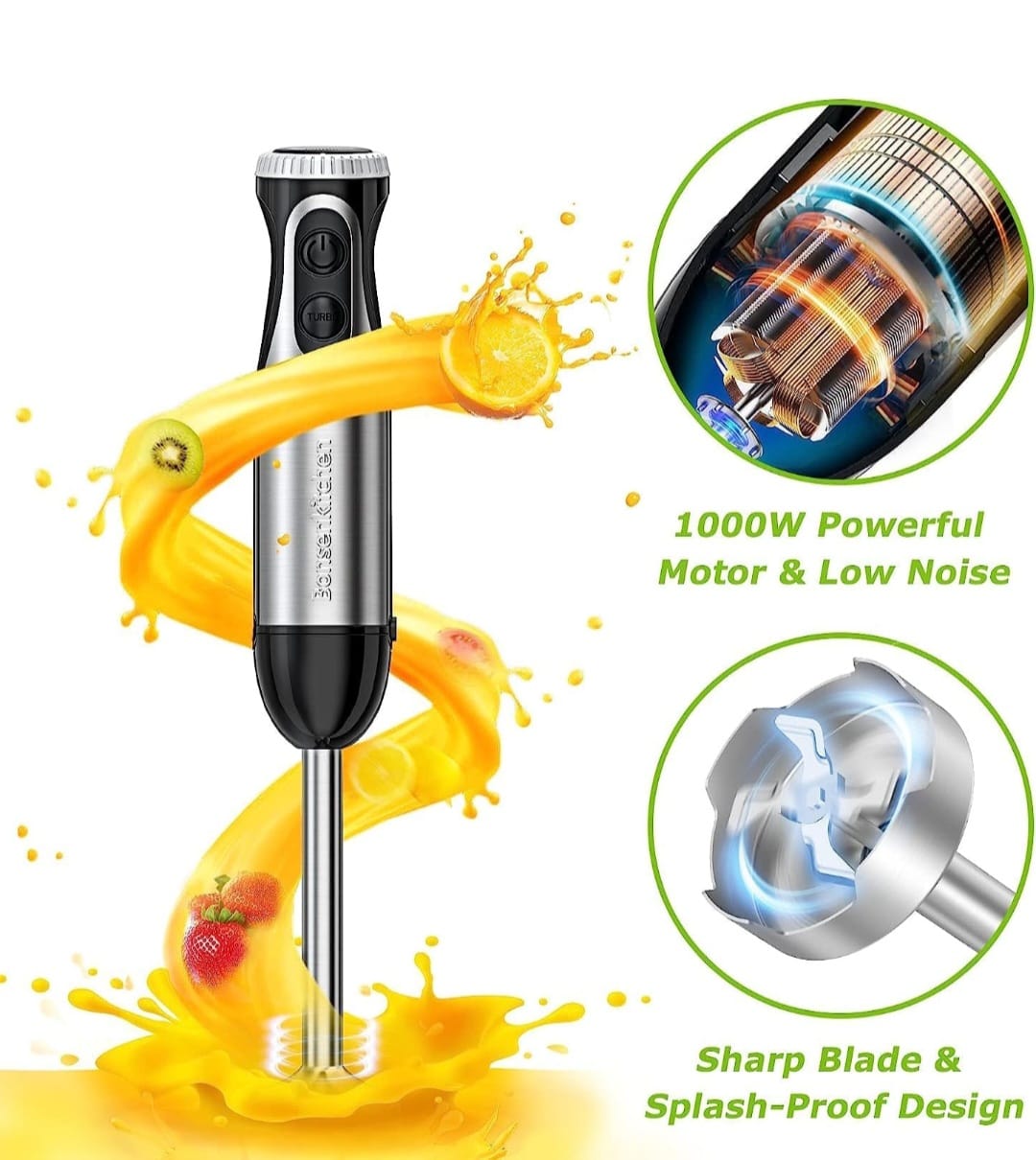 Bonsenkitchen Mixeur Plongeant, 4-en-1 Mixeur Plongeur Multifonction 1000W, 20 Vitesse Réglable, avec Fouet, Hachoir de 500ml et Verre Doseur 700 ml, Robot de Cuisine (HB3203)